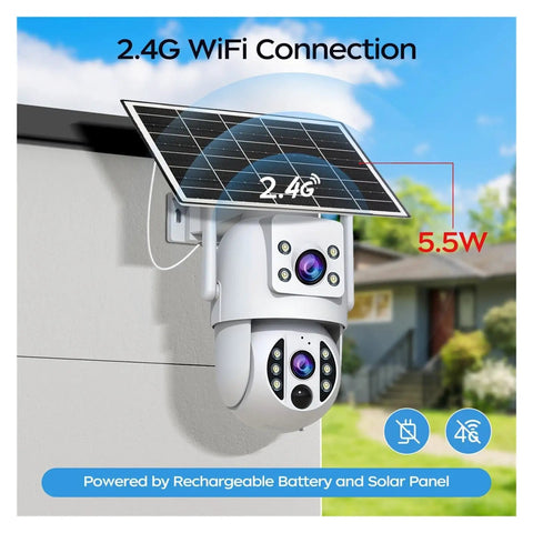 For Real 4K Dual Lens Outdoor Security Camera With Hassle Free Solar Charging And Clean 360 Pan Tilt Zoom Wifi Wireless Surveillance System For Yard Watch mounted on wall with solar panel.