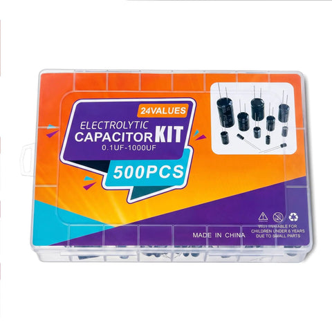 Top Shelf Aluminum Electrolytic Capacitor Assortment Kit 0.1Uf To 1000Uf Featuring 10V 16V 25V 50V Options solid kit with 500 pieces.