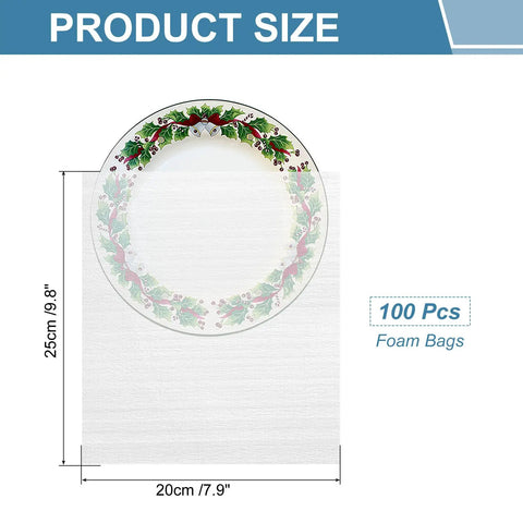 Premium EPE Foam Cushion Pouches 8By10 Inches 100 Pack size diagram showing dimensions 7.9 x 9.8 in foam bags for shipping.