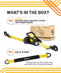 Retractable Ratchet Tie Down Strap 2 Inch By 16 Foot Heavy Duty With Snap Hooks 10000 Lbs Breaking Strength And 3333 Lbs Working Load Limit Includes 36 Inch Axle Strap displayed with box and accessories.