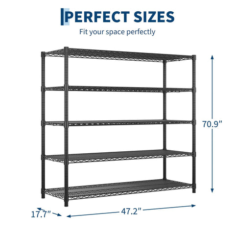 Tough As Nails Rock Solid Heavy Duty Metal Storage Rack Five Tier Wire Shelf With Rust Resistant Carbon Steel Construction For Garage And Warehouse Shelving Unit Holding Up To Three Thousand Two Hundred Pounds dimensions 70.9" height, 47.2" width, 17.7" depth.