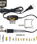 All-In-One Wood Burning Kit For Beginners And DIY Enthusiasts With Adjustable Temperature, 16-Piece Set layout showing contents.