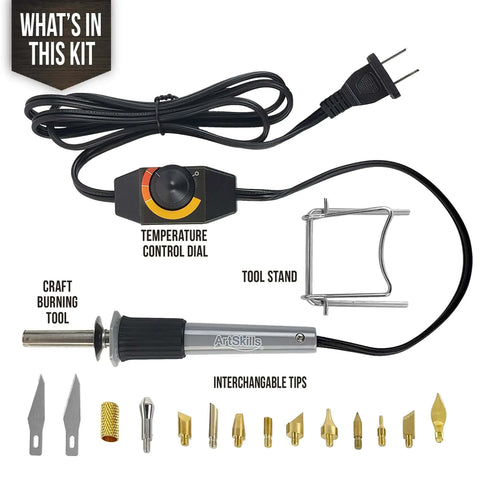 All-In-One Wood Burning Kit For Beginners And DIY Enthusiasts With Adjustable Temperature, 16-Piece Set layout showing contents.