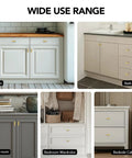 Thirty Hella Sturdy Brushed Brass Cabinet Knobs Featuring Slick Two Inch Square Bar Hardware on various cabinets in kitchen, bathroom, living room, and bedroom.