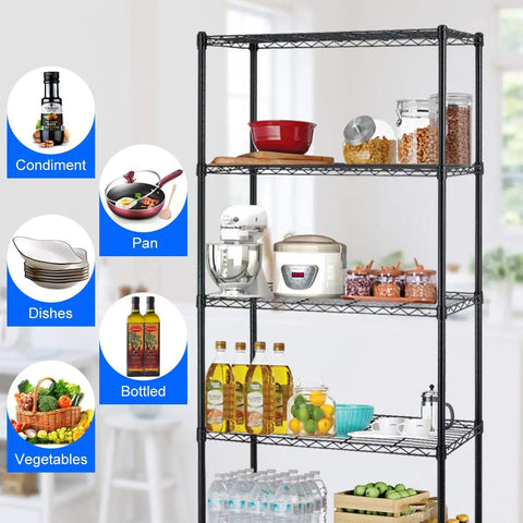 Heavy Duty Steel Wire Storage Shelving For Garage And Kitchen, 5 Shelf Adjustable Rack With 1250 Lb Capacity, displaying condiments and dishes.
