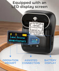 Bluetooth Portable Label Printer For Small Biz Fast Thermal Label Maker For Barcodes Addresses Clothing Pricing Mail Jewelry Cables And More Works With Phone And PC, displaying an LED screen and printed label.