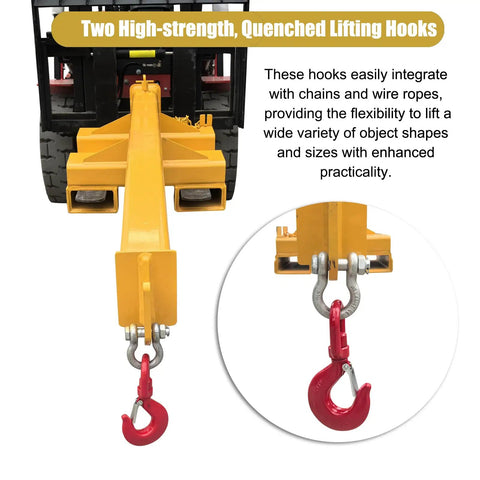 Top Tier Badass 5 Ton 11000 Lb Bidirectional Adjustable Crane Boom Forklift Attachment with dual high-strength lifting hooks.
