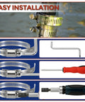 Heavy Duty Stainless Steel Hose Clamp Strap With Six Quick Grip Fasteners For Zero Hassle Adjustments and Rock Tight Pipe Seals that make every DIY job a no sweat experience, easy installation tools shown.
