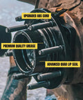 Hella Durable E Coated Front Wheel Hub Assembly 2 Pack For Dodge Ram 5.9L Cummins 4WD 2003 2005 showing upgraded ABS cord and grease.