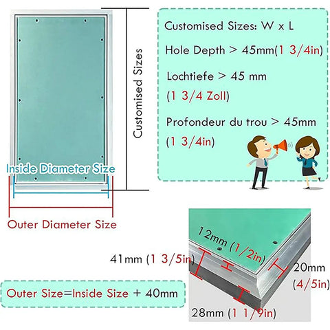 Detailed dimensions of Rock Solid Paintable Aluminum Drywall Access Panel Door for custom fit installation.