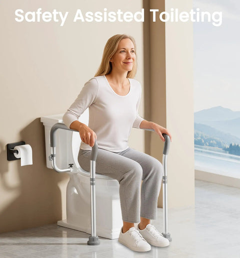 Rock Solid Aluminum Toilet Safety Handle For Seniors Supporting Up To Three Hundred Fifty Pounds With Easy Grip Install And Hella Stabilizing Assist Bar For Confident Daily Bathing And Heavy Duty Senior Care Rail in use by a woman sitting on a toilet.
