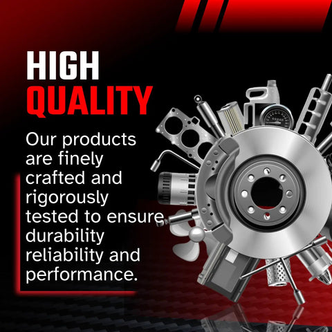 High quality automotive parts graphic with various tools and a brake rotor highlighting durability and performance.