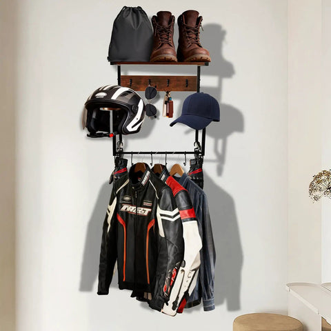 Heavy Duty Wooden Wall Mount Rack Features Dual Safety Hooks To Securely Hang Two Helmets Or Hats While Keeping Your Garage Neat And Serving As A Slick Wall Organizer with helmets, jackets, and boots.