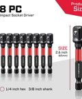 Eight Piece Impact Socket Adapter Set For Three Eighths Inch Drive With Two And A Half Inch Extension displayed in a line