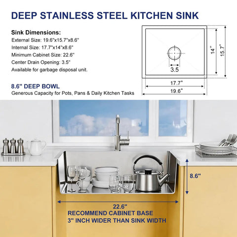 Diagram and measurements of Undermount Stainless Steel Kitchen And Bar Sink Single Bowl 304 Grade Handcrafted Small Wet Bar Sink