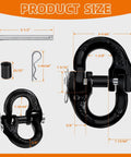 2 Pack Hammerlock Coupling Link Safety Chain Adapter for Tow Hitches showing dimensions and parts in black steel