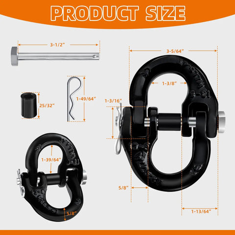 2 Pack Hammerlock Coupling Link Safety Chain Adapter for Tow Hitches showing dimensions and parts in black steel