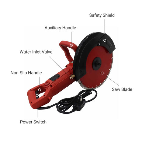 Top Shelf 14 Inch Electric Circular Concrete Saw 3500W Powerhouse Masonry Cutter showing safety shield, saw blade, and non-slip handle.