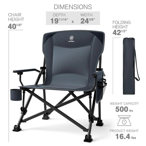 Oversized Folding Camping Chair For Outdoors, Built Tough Heavy Duty Quad Lawn Chair With side pockets, dimensions shown
