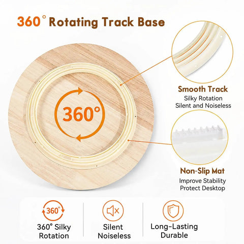 Close-up of 360° rotating track base of Top Shelf Walnut Lazy Susan Turntable 35.5 Inch, showing smooth and silent rail design.
