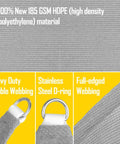 Close-up of gray HDPE material with stainless D-ring and webbing for 5 By 7 Foot Gray Sun Shade Sail Straight Edge Canopy