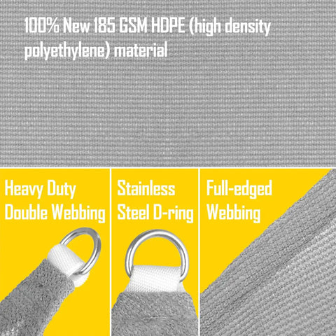 Close-up of gray HDPE material with stainless D-ring and webbing for 5 By 7 Foot Gray Sun Shade Sail Straight Edge Canopy