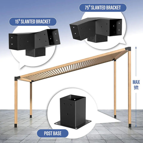 Heavy-Duty 15-Degree 3-Way Pergola Right Angle Bracket With Raised Post Base For 4x4 Wood Beams - Tough-As-Nails Weatherproof Garden Gazebo Corner Support Kit, Set Of 8