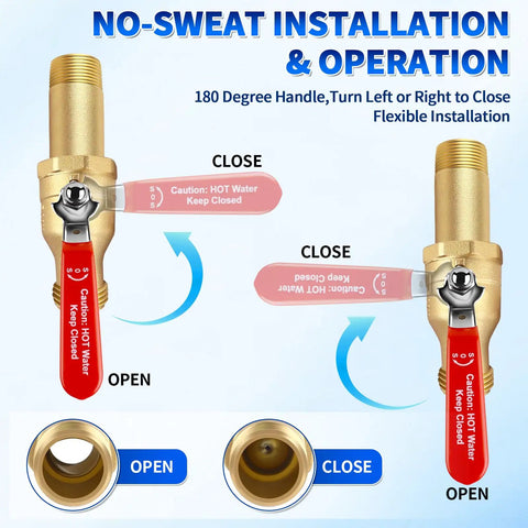Lead-Free Brass Water Heater Drain Valve With 3/4 In NPT Inlet and GHT Outlet, showing handle operation for easy installation.
