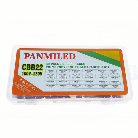 30 Values CBB22 Metallized Polypropylene Film Capacitor Kit With Radial Leads in transparent case showing variety and specifications.