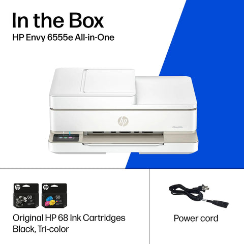 Envy 6555e Wireless All-In-One Color Inkjet Printer With Duplex Printing, Borderless Photos, original ink cartridges, power cord