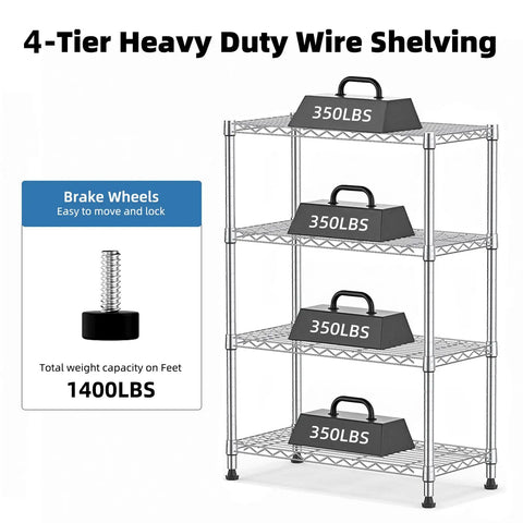 Hella Sturdy Four Tier Storage Shelving Unit With Rock Solid Carbon Steel Build And No Sweat Assembly For Kitchen Office Or Mudroom Holds Heavy Loads Up To 1000 Lbs Nifty Wire Organizer Rack In Clean Chrome Look, featuring four tiers and adjustable design.