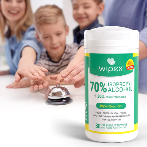 Wipe container labeled 70 Percent Isopropyl Alcohol Wipes For Your Electronics And Screens, 80 Count Per Pack In Sealed Canister.
