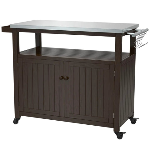 Outdoor Wood Grill Prep Table With Stainless Steel Top Waterproof Cover Dark Brown Finish Solid Wood Construction No Plastic Open Shelf For Quick Access Storage Heavy Duty Outdoor Kitchen Station with hooks on side.
