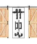 The Top Shelf Ten Foot Double Sliding Barn Door Track Hardware Kit With Heavy Duty J Pulleys And Rock Solid Ball Bearing Rollers For Buttery Smooth Glides And Quicker Setup showing wooden barn doors and hardware.