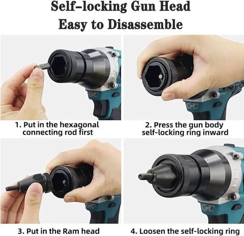 Self-locking gun head assembly process showing steps for No Strings Attached Heavy Duty Cordless Rivet Gun With 5.2 Ah Battery And Slick LED Light.