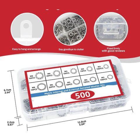 External And Internal Serrated Lock Washer Set M3 M4 M5 M6 M8 2000 1000 Pcs Assortment in clear storage box