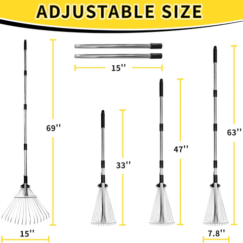 Heavy Duty Adjustable Leaf Rake With Extendable 33 To 69 Inch Handle And 8 To 15 Inch Expandable Head for Lawn Cleanup
