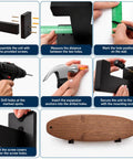 Assembly steps for Premium Solid Pine Wood Wall Mount Surfboard Rack Hanging System with tools and materials shown.