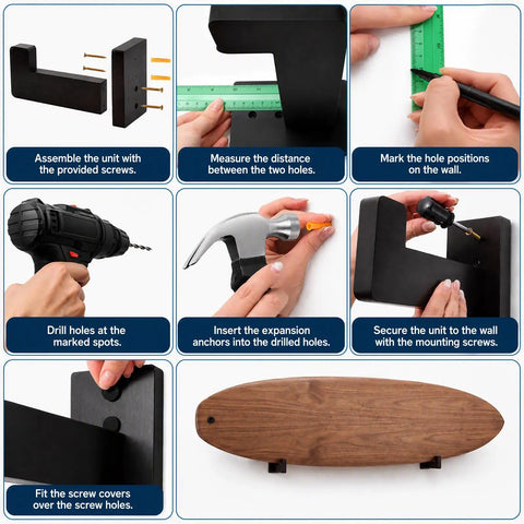 Assembly steps for Premium Solid Pine Wood Wall Mount Surfboard Rack Hanging System with tools and materials shown.