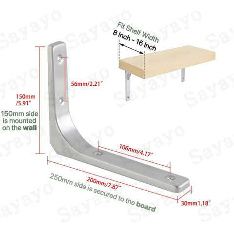 Diagram of Heavy Duty Floating Shelf Brackets 8 Inch By 6 Inch Stainless Steel L Brackets Brushed Nickel Wall Supports for wood shelves.