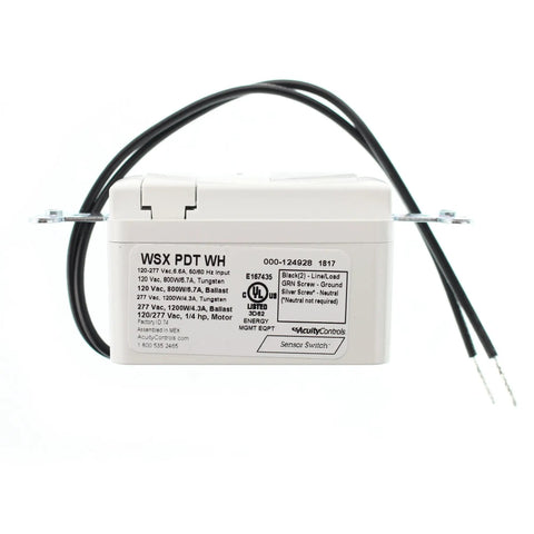 Wall Mount Motion Sensor With Passive Dual Technology PDT, occupancy sensor, single relay, white unit with wires and label.