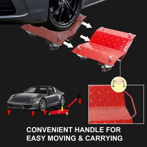 Heavy Duty Tire Skates 4 Pack Wheel Dollies With Slick Swivel Ball Bearing Casters For Hassle Free Car Transport And Gear Moves 6000 Lb Capacity, with a convenient handle for easy moving.