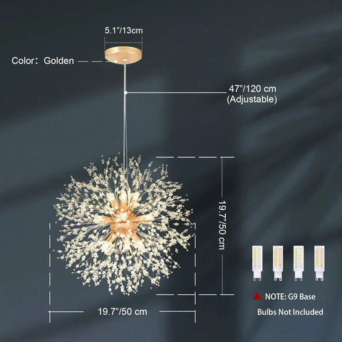 Lit Dandelion Crystal Chandelier With Firework Sparkle 9 Light Gold Pendant Light Fixture dimensions in room
