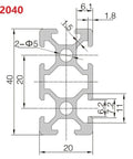 European 2040 Aluminum Extrusion T Slot Profile dimensions drawing with measurements for 800 mm Linear Rail Kit.