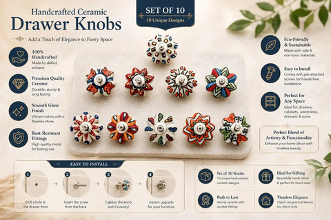 Set Of Ten Totally Rad Vintage Ceramic Drawer Pulls And Cupboard Cabinet Door Knobs Featuring Super Sleek Multicolor Designs Plus Rock Solid Chrome Hardware on display.