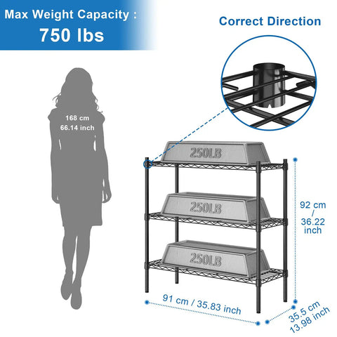 Rock Solid Three Tier Heavy Duty Wire Shelving System Featuring Adjustable Metal Storage Rack In Matte Black Finish Supporting Up To Three Hundred Fifty Pounds Per Shelf Smart Space Saving Design For Pantry Basement Top Shelf Home Organization with weight capacity details.
