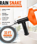 Heavy Duty Drain Snake Auger With Slick Flex Steel Cable For Knocking Out Stubborn Hair And Sink Clogs In Bathroom Or Shower Includes Grippy Work Gloves For A No Sweat Cleanup Fix Bright Orange with 33 ft flexible cable.