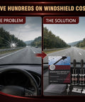 Hella Reliable Nano Glass Repair Fluid Windshield Fix Kit showing cracked windshield and repair kit for fast restoration