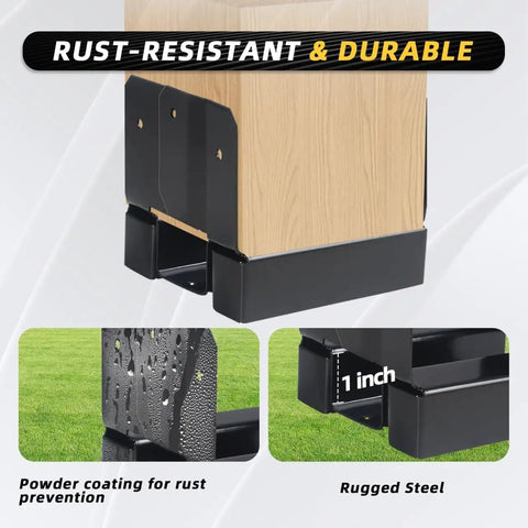 10 Pack 4x4 Post Base Anchors For Concrete, Wood Or Iron Posts, displayed on wood with rust-resistant powder coating