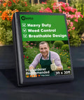 Tough As Nails Weed Barrier Landscape Fabric 3ft By 30ft package in garden setting, showing product size and features on label.